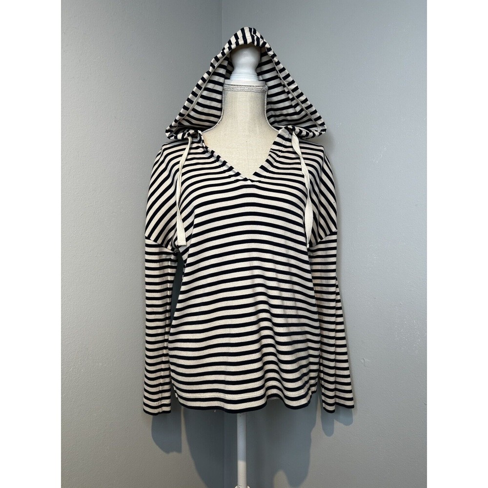 Lou & Grey Striped Cotton Hoodie Sweatshirt XS Drawstring Draped Shoulder